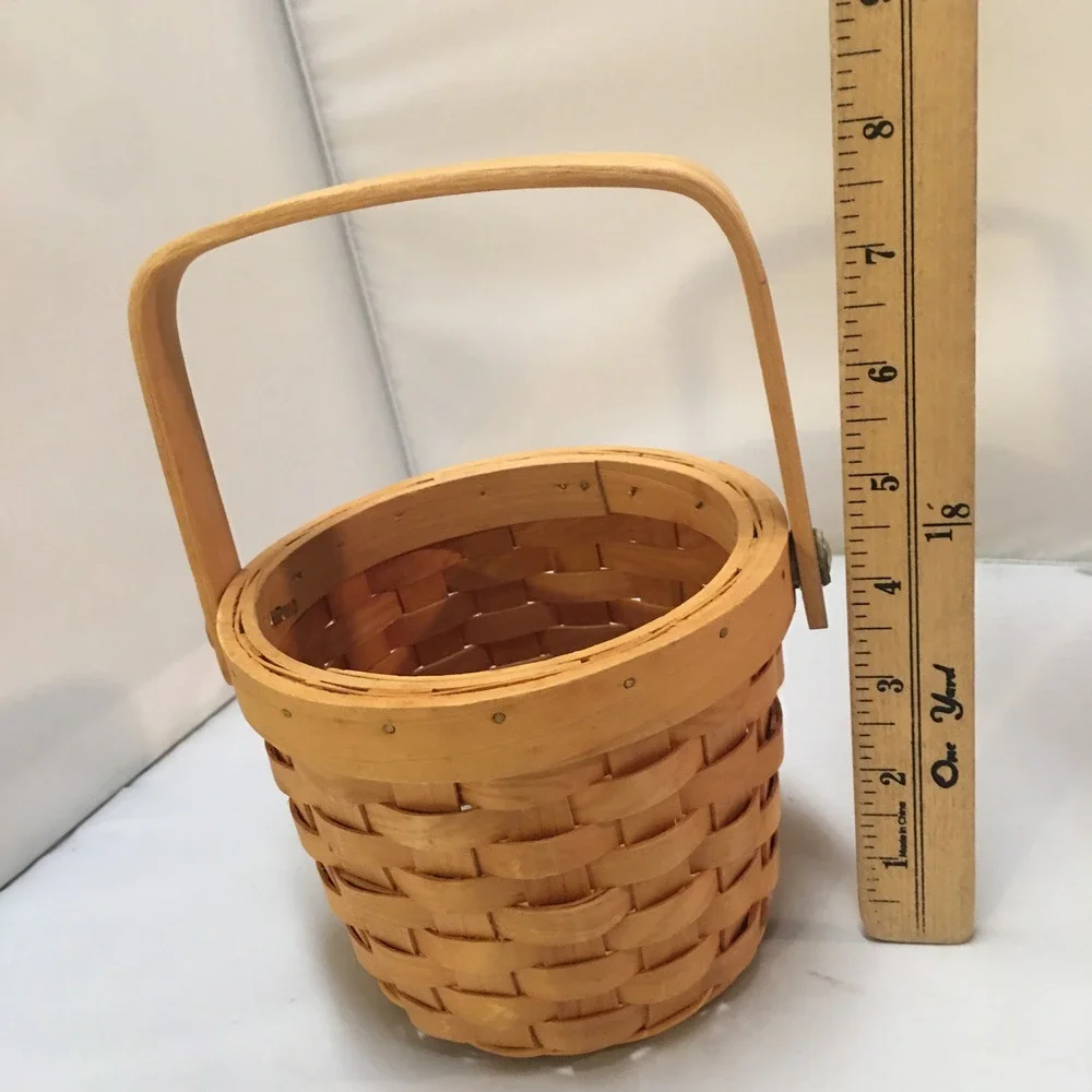 Woven Wood Basket Small Tan Round Handcrafted Swing Handle Decor Cottagecore